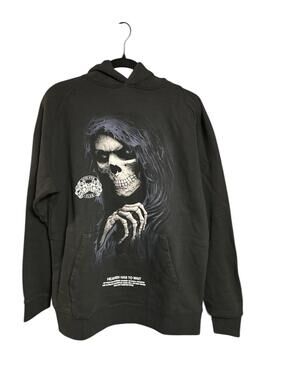 Black Graphic Hoodie with Grim Reaper and Wolves Print